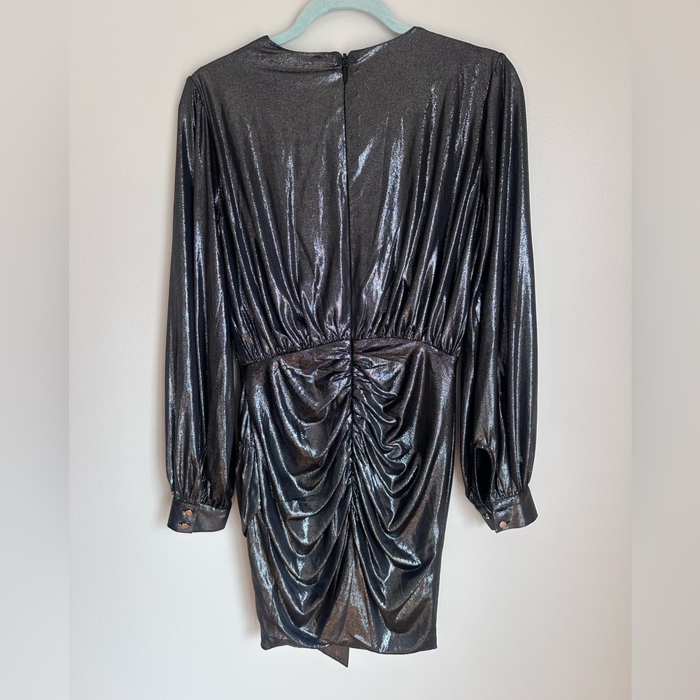 Pants Store Women’s Metallic Plunge Wrap Dress Silver Grey Size Small Zipper - Picture 5 of 8